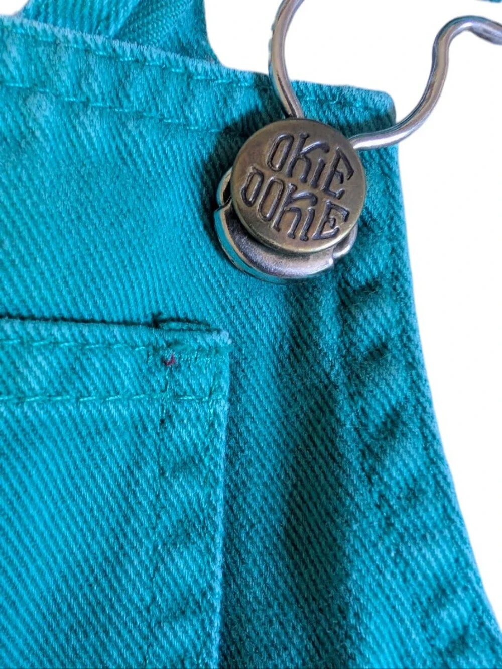 Vintage Okie‎ Dokie Teal Denim Overalls 24M Retro 90s Baby Snap Leg Romper